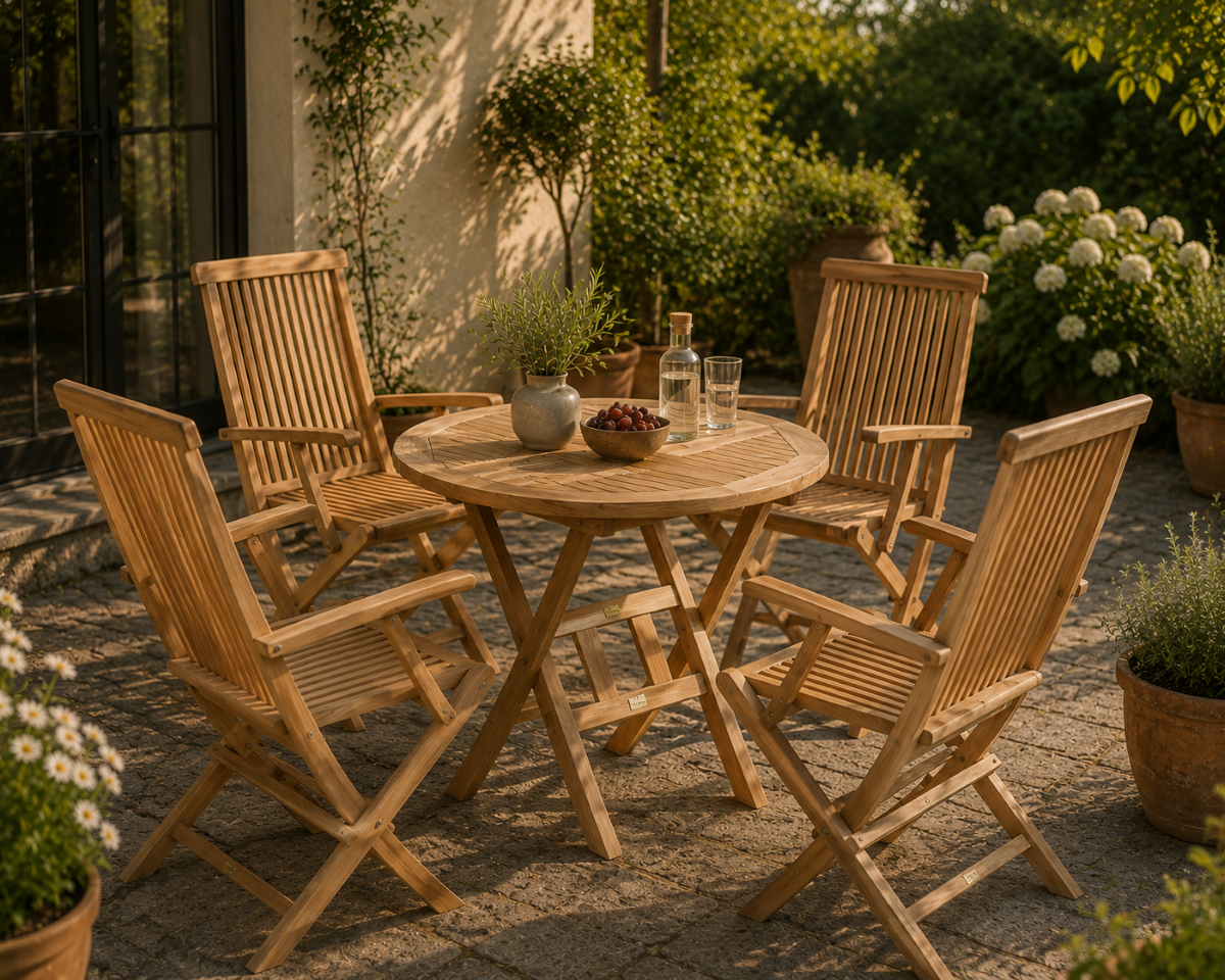 Houston bord Ø90 cm + 4 Houston foldestol med armlæn i classic teak - Havemøbelsæt