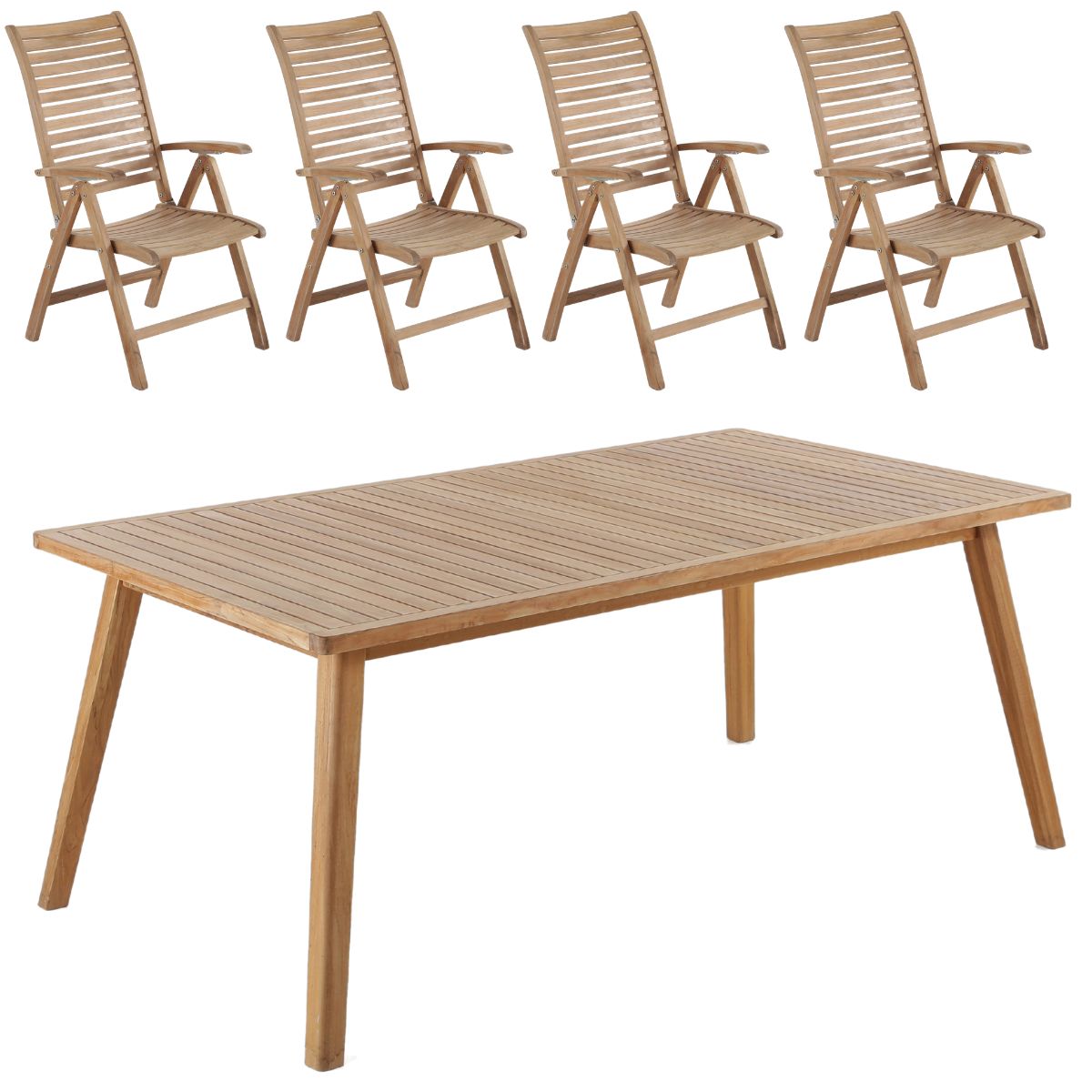 Bistro bord 180x100 cm + 4 Bruxelles positionsstole i kerneteak - Havemøbelsæt