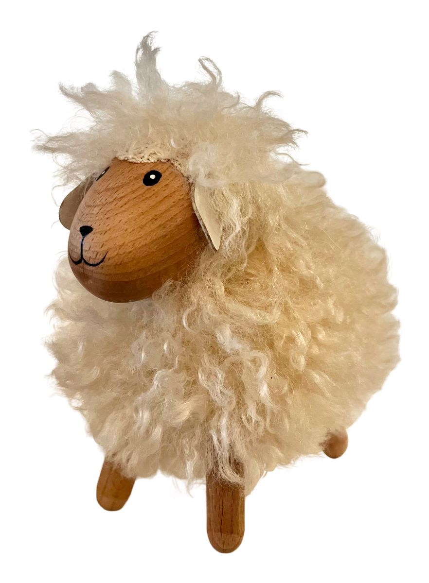 Får langhåret H12 cm træ/polyester hvid