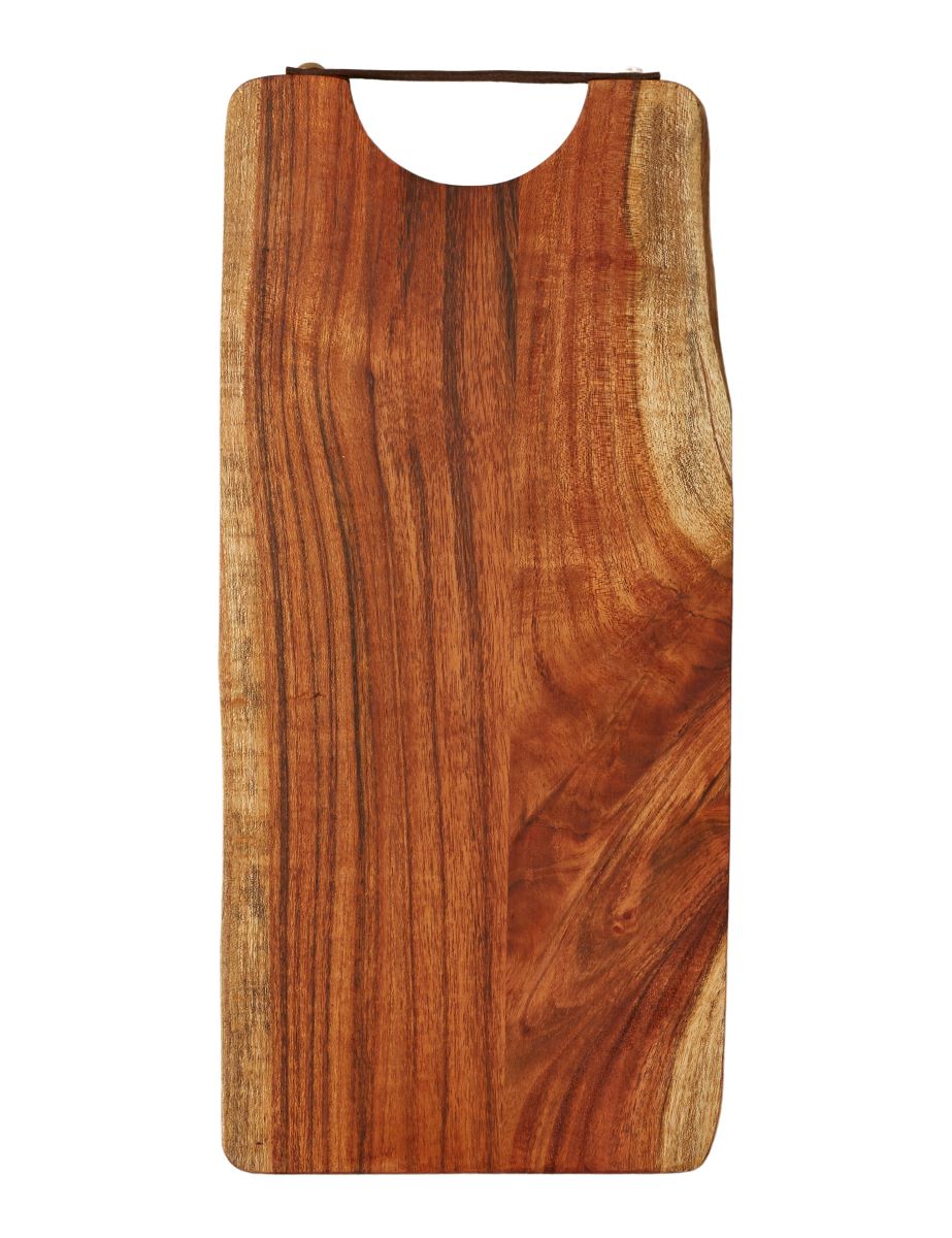 Skærebræt 45x22 cm. i olieret akacie træ med læderhåndtag