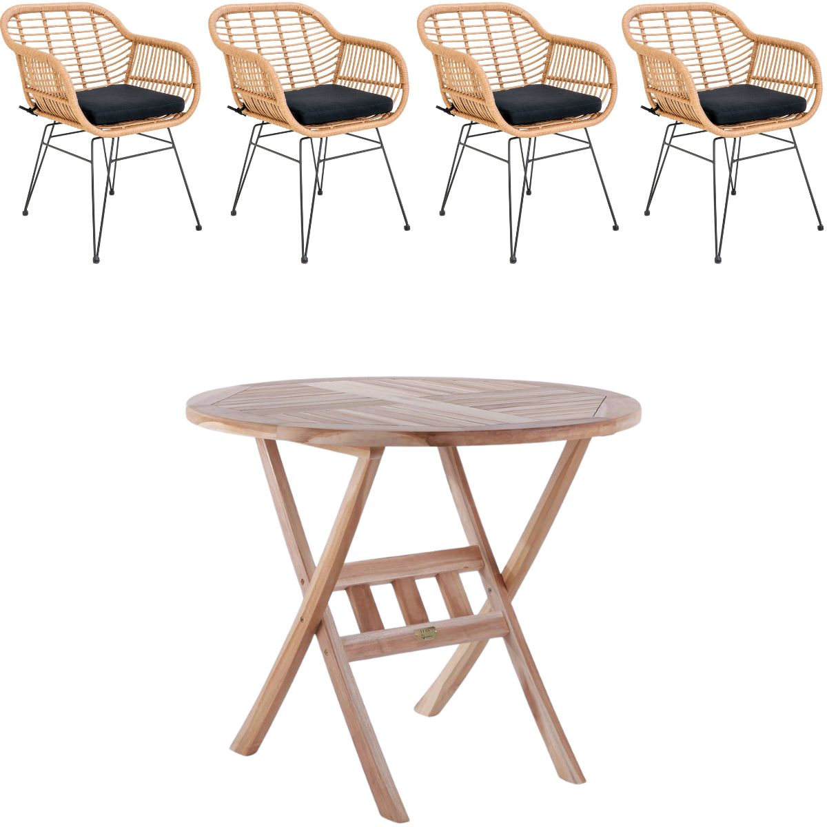 Houston bord Ø90 cm + 4 Trieste stol natur i polyrattan og classic teak - Havemøbelsæt