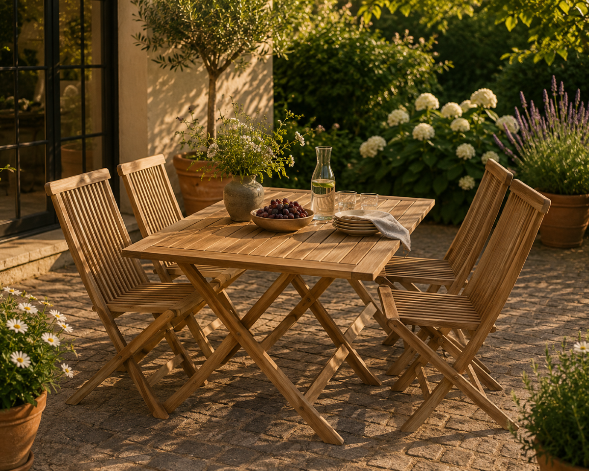 Houston bord 135x80 cm + 4 Houston foldestol i classic teak - Havemøbelsæt