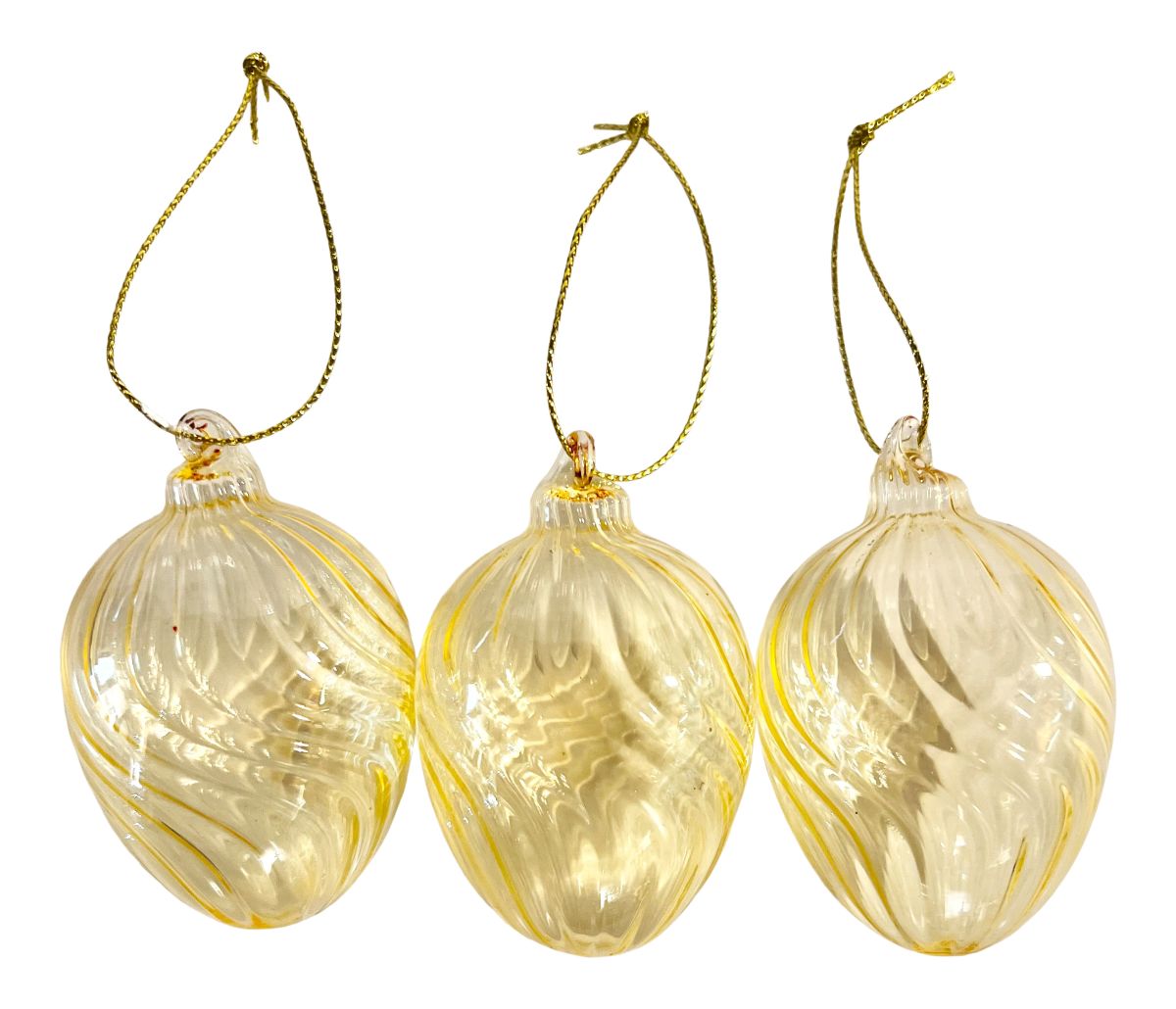 Dekorations Glasæg 7 cm. sæt med 3 stk. strib Gul med guldsnor 