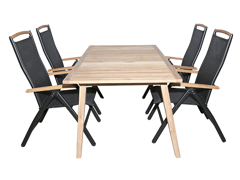 Havemøbelsæt - Bistro bord 180x100 cm. og 4 Nyborg positionsstole i aluminium og kerneteak