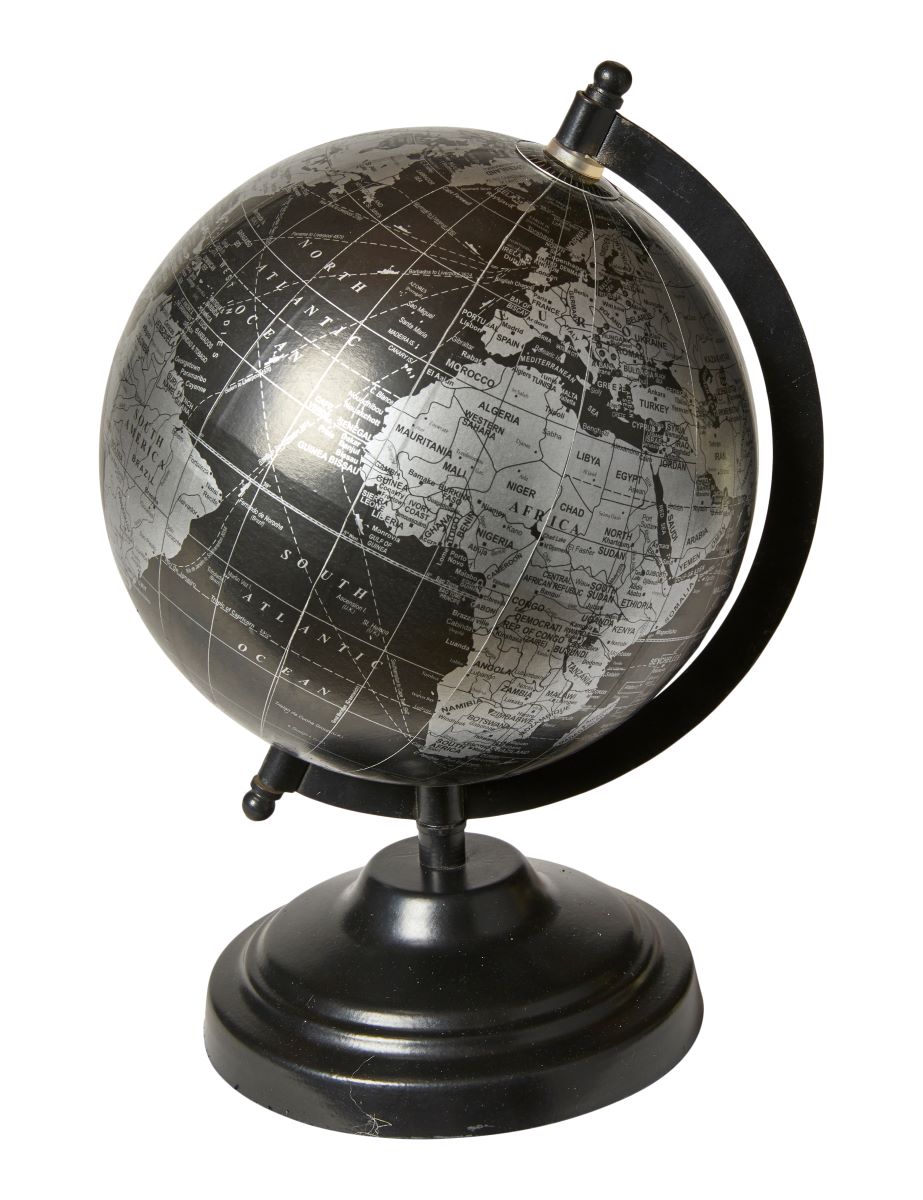 Globus Ø15 cm. sort metal fod sort/hvid