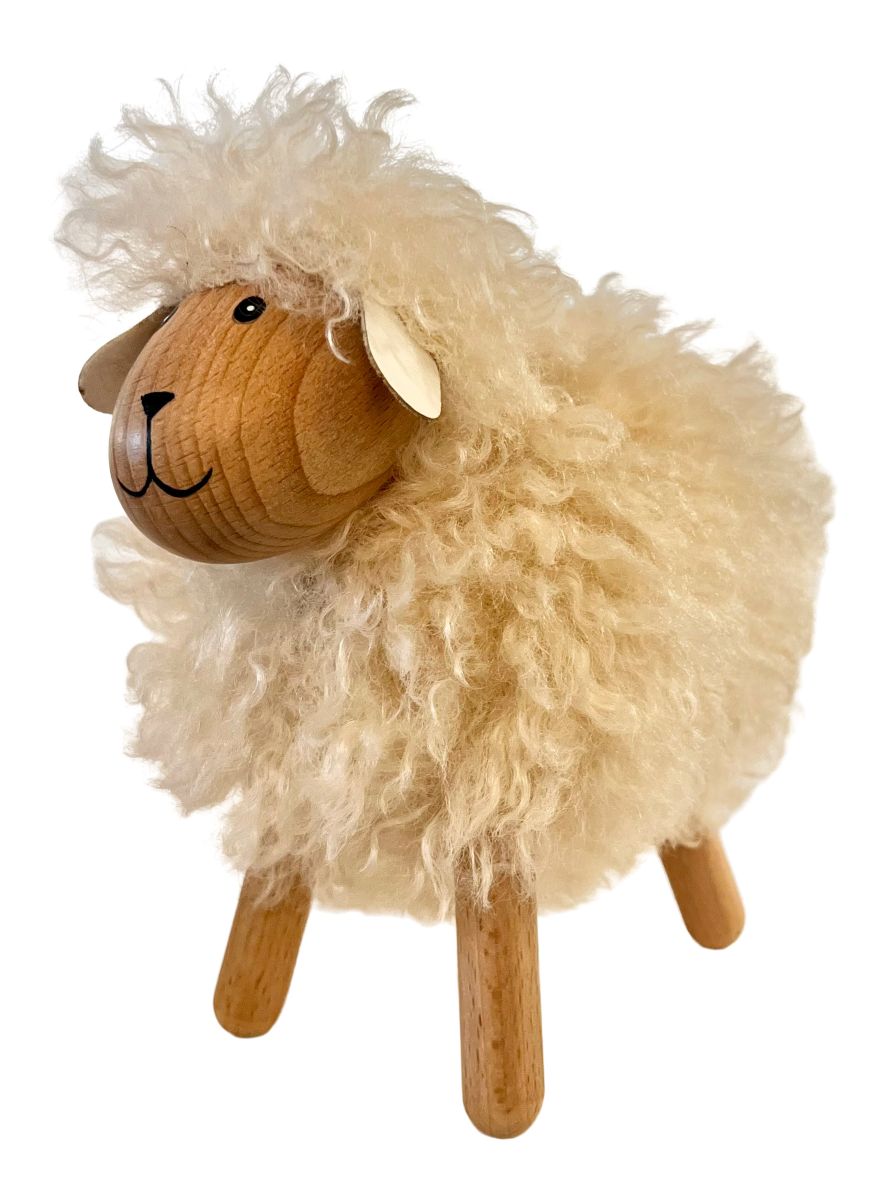 Får langhåret H16 cm træ/polyester hvid