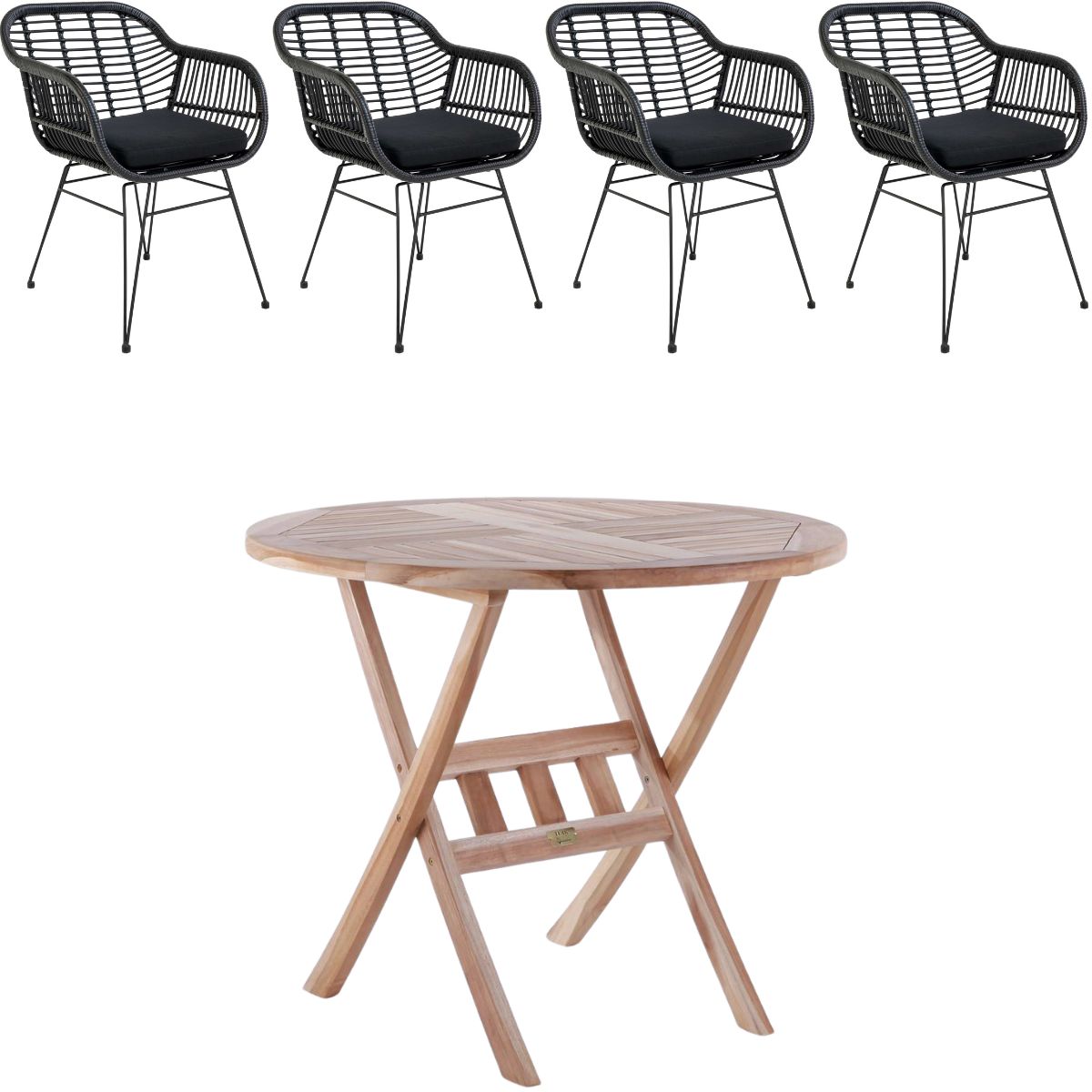Houston bord Ø90 cm + 4 Trieste stol sort i polyrattan og classic teak - Havemøbelsæt