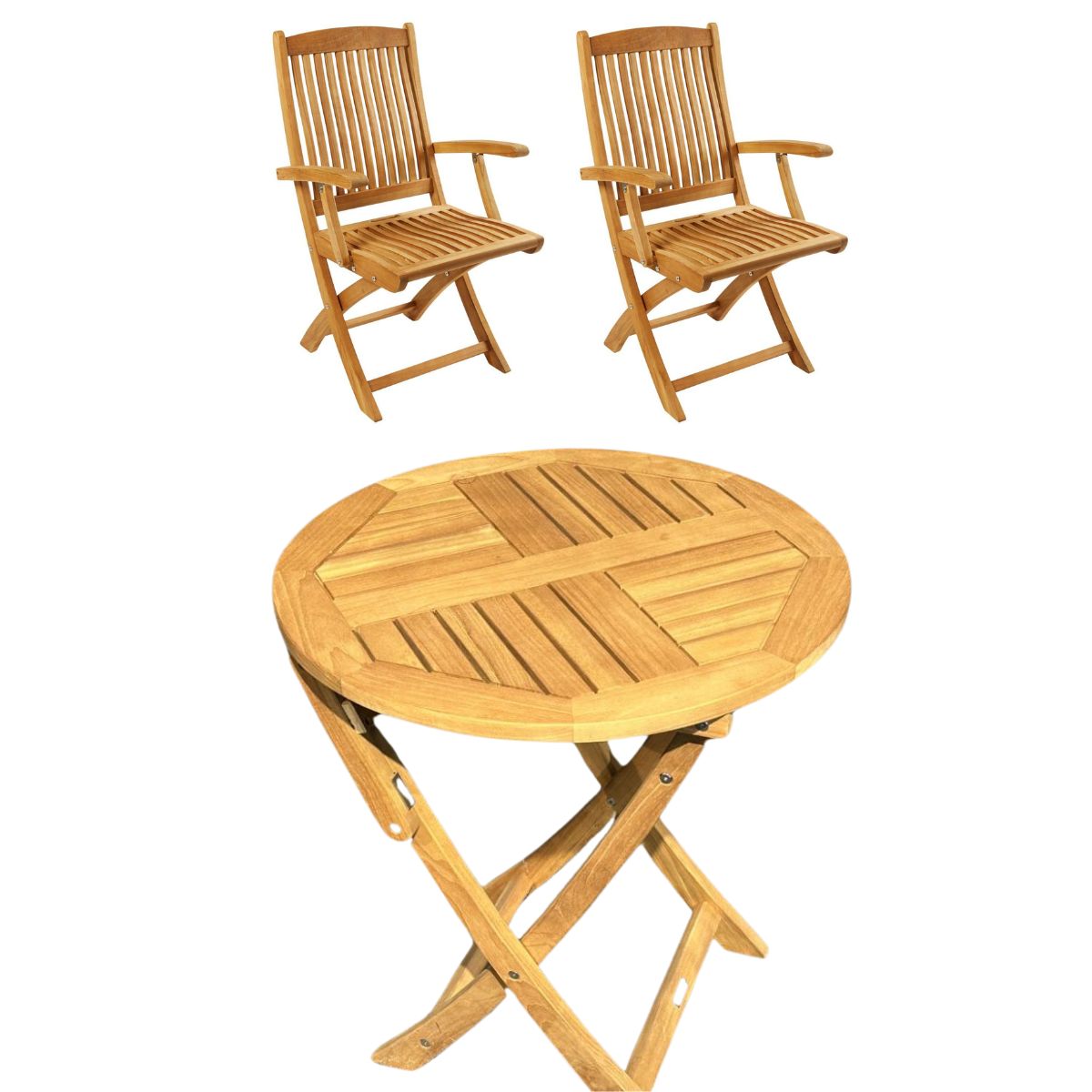 Cafésæt Boston - bord Ø70 cm. og 2 foldestole med armlæn - kerneteak