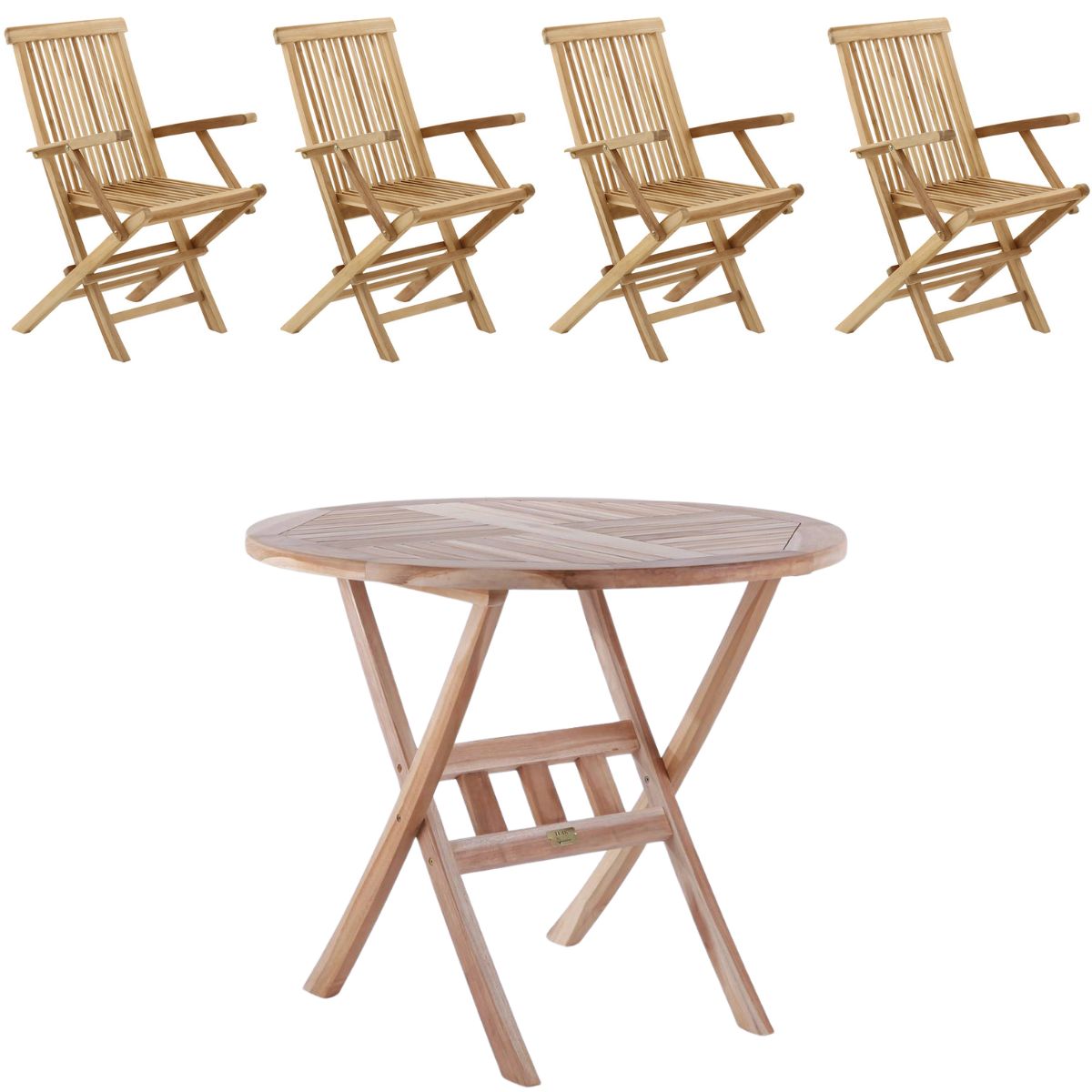 Houston bord Ø90 cm + 4 Houston foldestol med armlæn i classic teak - Havemøbelsæt