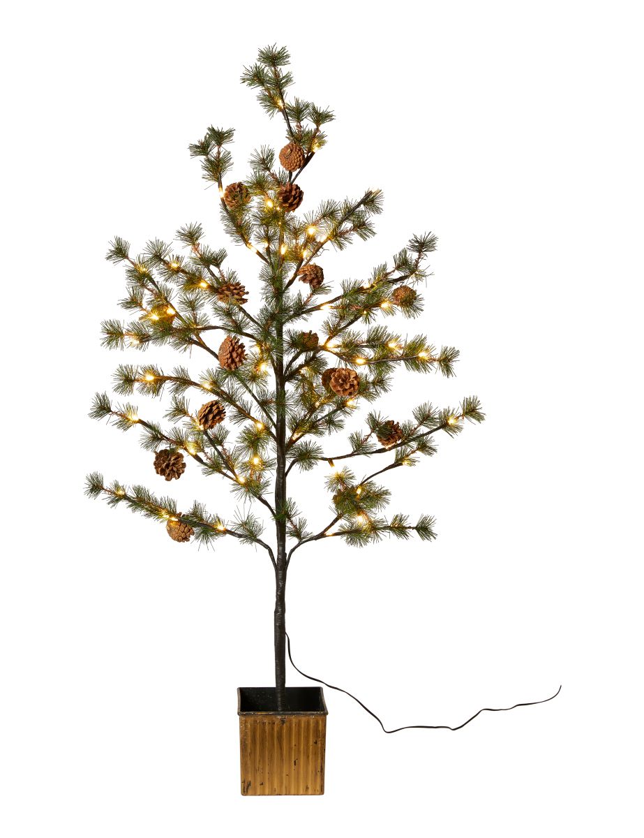 Juletræ med LED lys og kogler i guld potte - 120 cm.