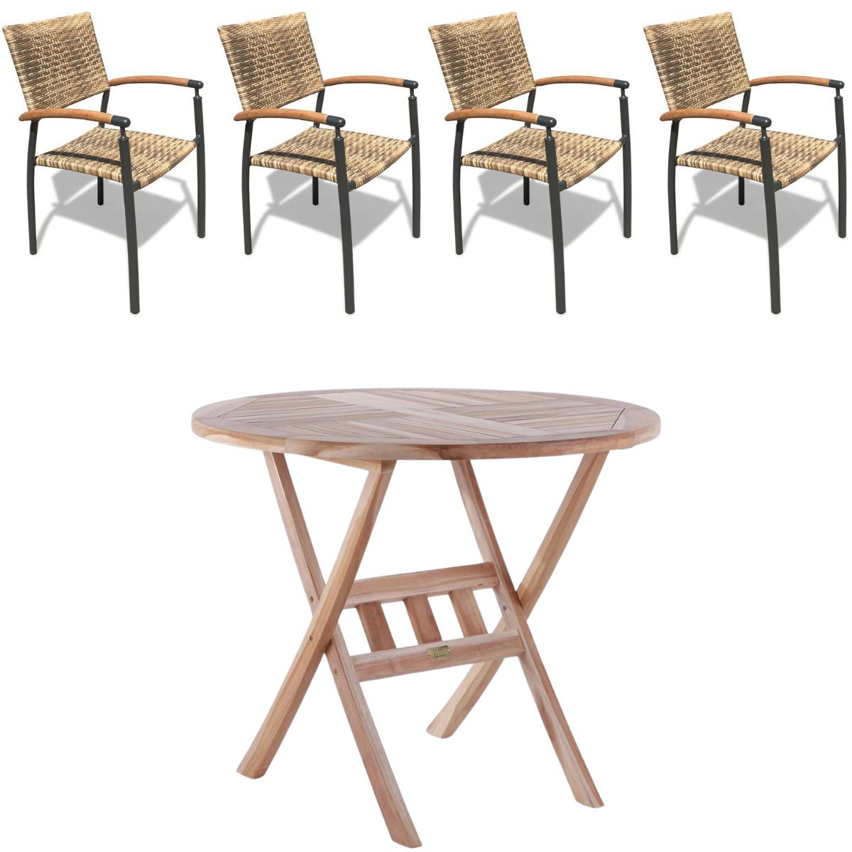 Houston bord Ø90 cm + 4 Era stabelstol i flet og classic teak - Havemøbelsæt