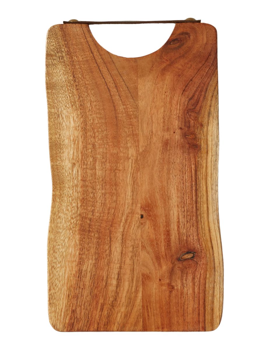 Skærebræt 32x18 cm. i olieret akacie træ med læderhåndtag