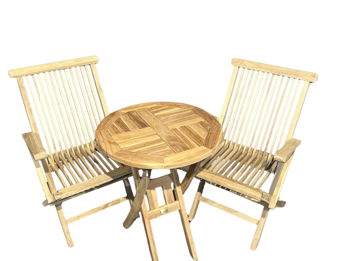 Cafésæt Houston - bord Ø 60 cm. og 2 foldestole med armlæn - teak
