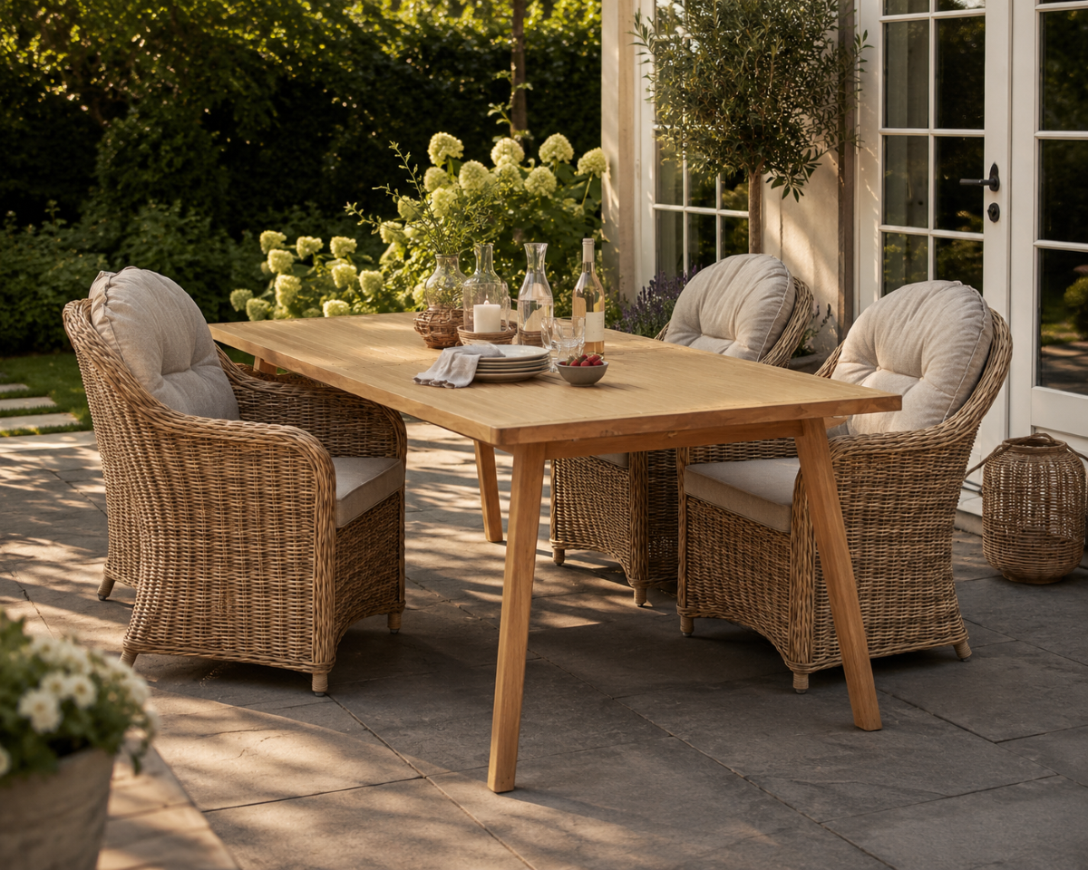Bistro bord 180x100 cm + 4 Fanø stole m. rund ryg i polyrattan og kerneteak - Havemøbelsæt