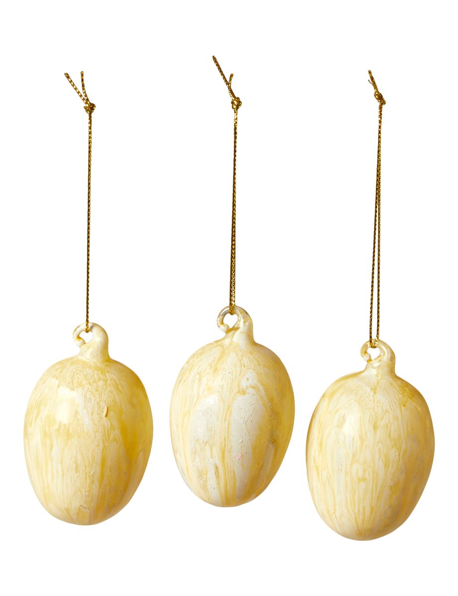 Dekorations Glasæg 7 cm. sæt med 3 stk. Marmor Gul med guldsnor 