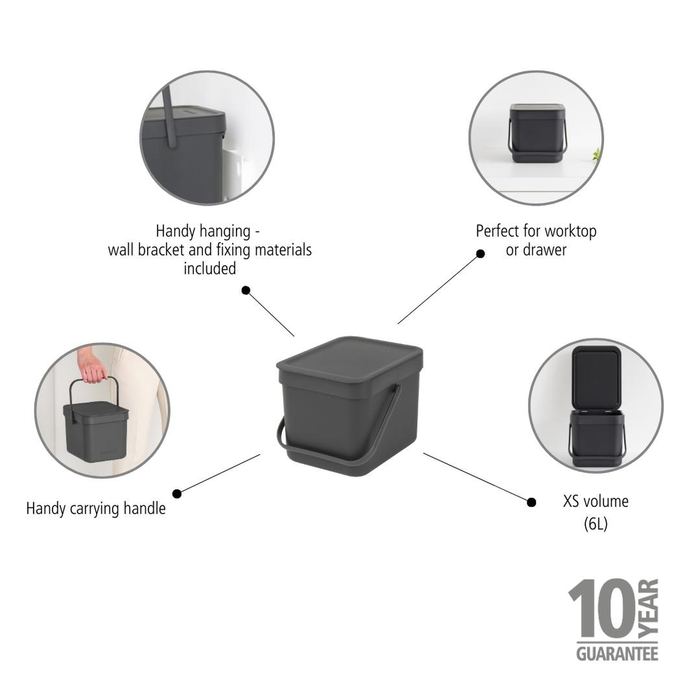Affaldsspand m/låg sort.kon. 6 ltr. Grå