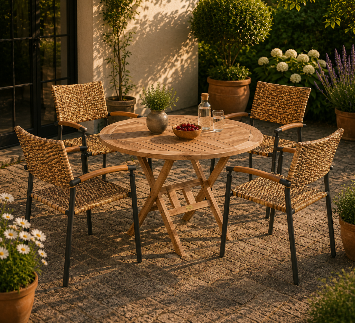 Houston bord Ø90 cm + 4 Era stabelstol i flet og classic teak - Havemøbelsæt