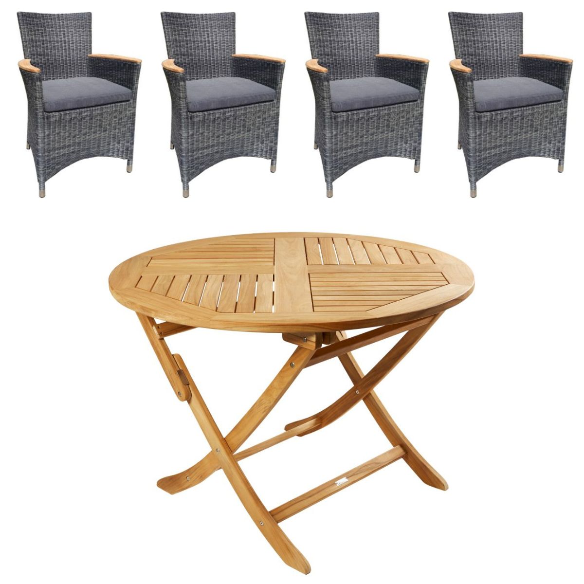 Boston bord Ø110 cm + 4 Boston stole i polyrattan og kerneteak - Havemøbelsæt