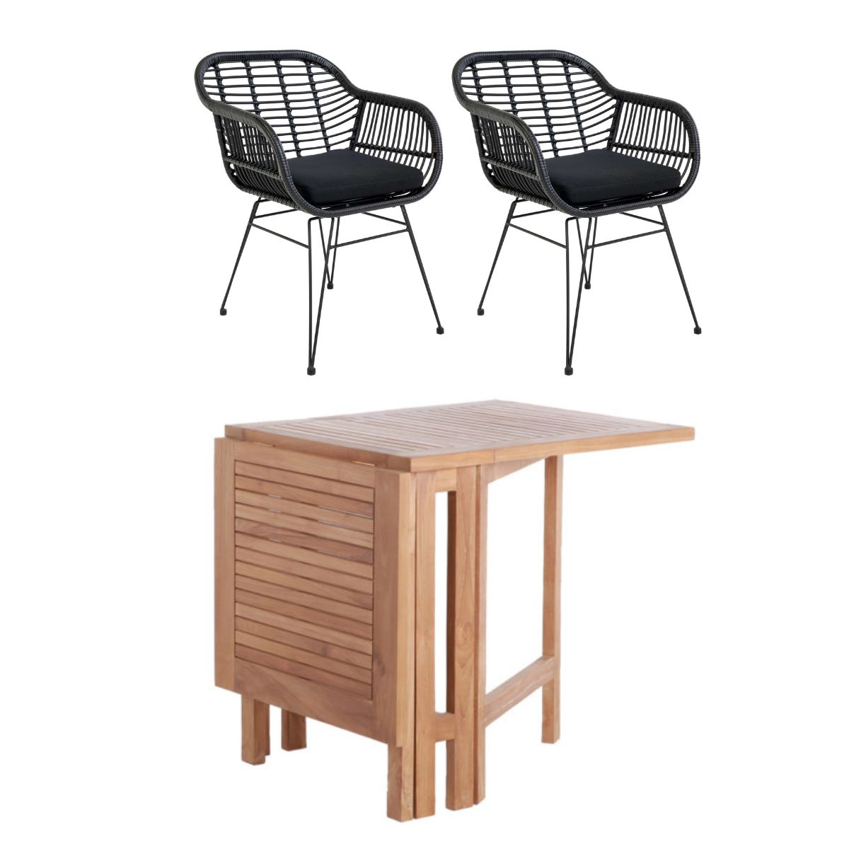 Bella bord 64x75/130 cm + 2 Trieste stole sort i polyrattan og kerneteak - Altan / cafesæt