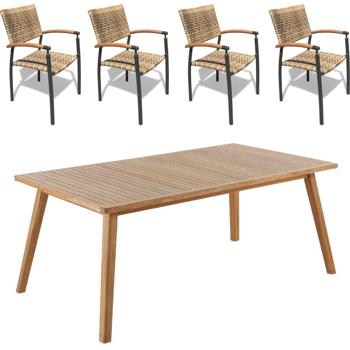 Bistro bord 180x100 cm + 4 Era stabelstol i flet - Havemøbelsæt