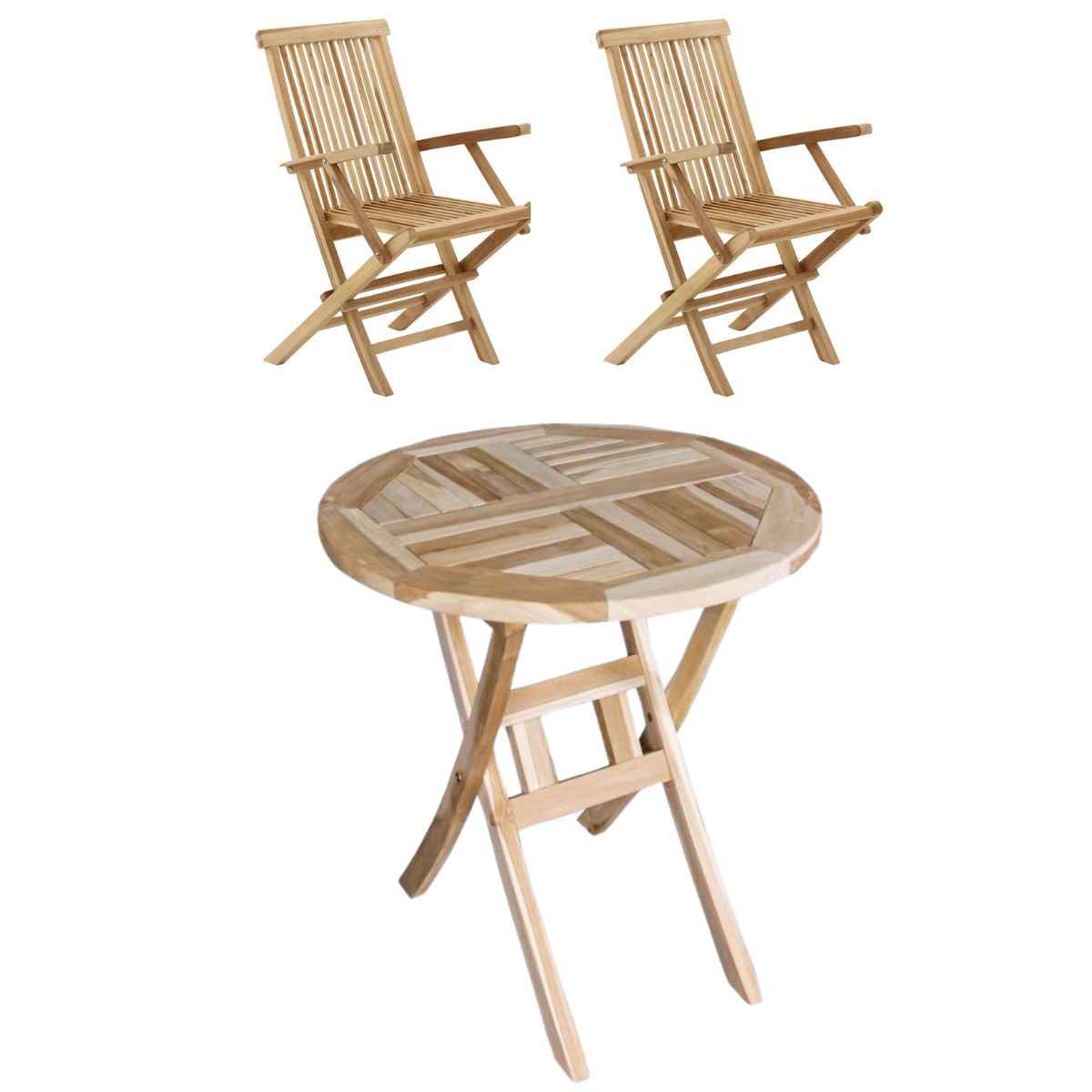 Cafésæt Houston - bord Ø 60 cm. og 2 foldestole med armlæn - teak
