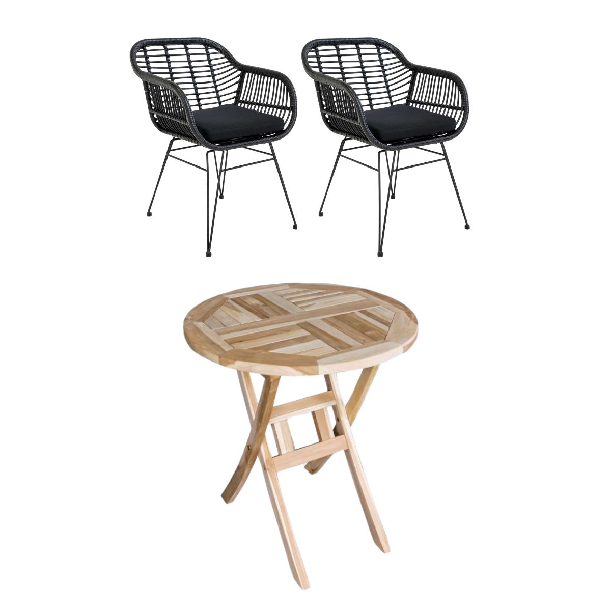 Houston bord Ø66 cm + 2 Trieste stol sort i polyrattan og classic teak - Altan / cafesæt