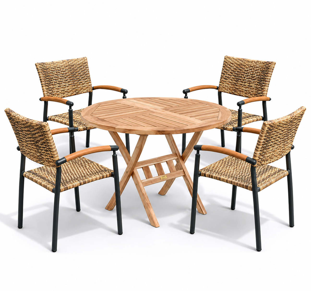 Houston bord Ø90 cm + 4 Era stabelstol i flet og classic teak - Havemøbelsæt