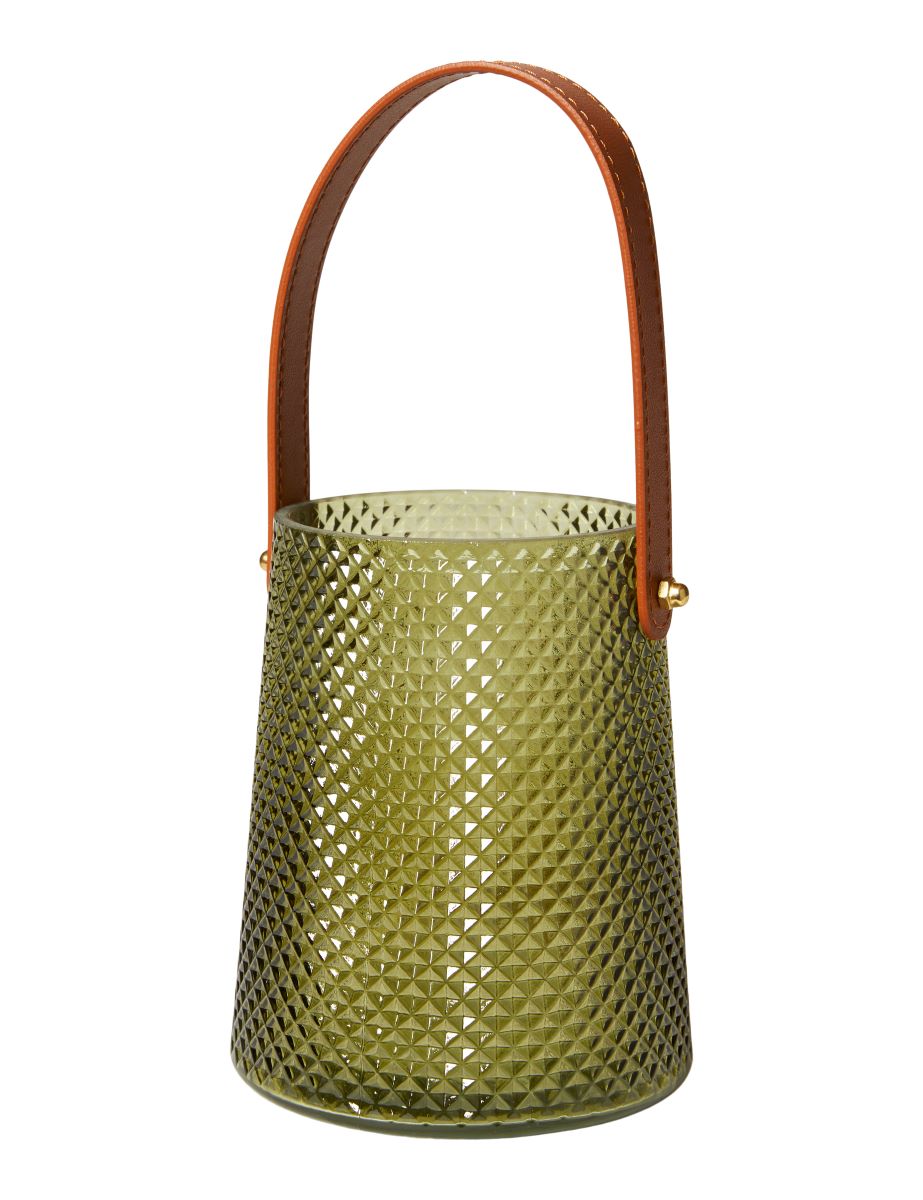 Lysestage i glas med hank Ø 13x15 cm. - grøn