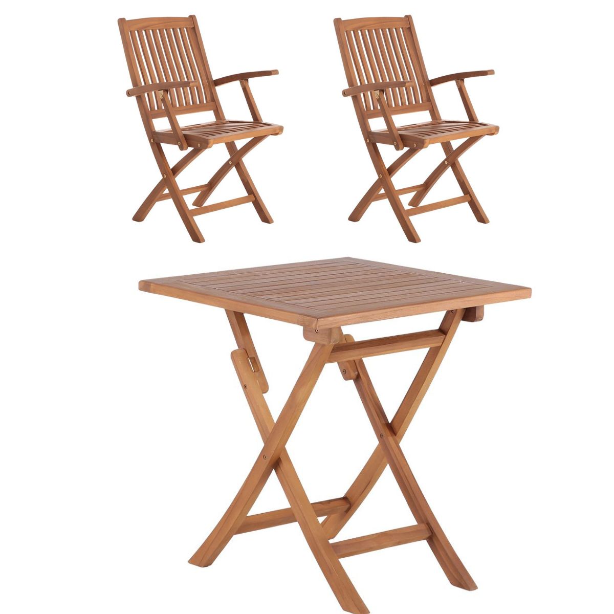 Cafésæt-Wilma bord 70x70 cm. og 2 Bali stole med armlæn foldbar. Kerneteak