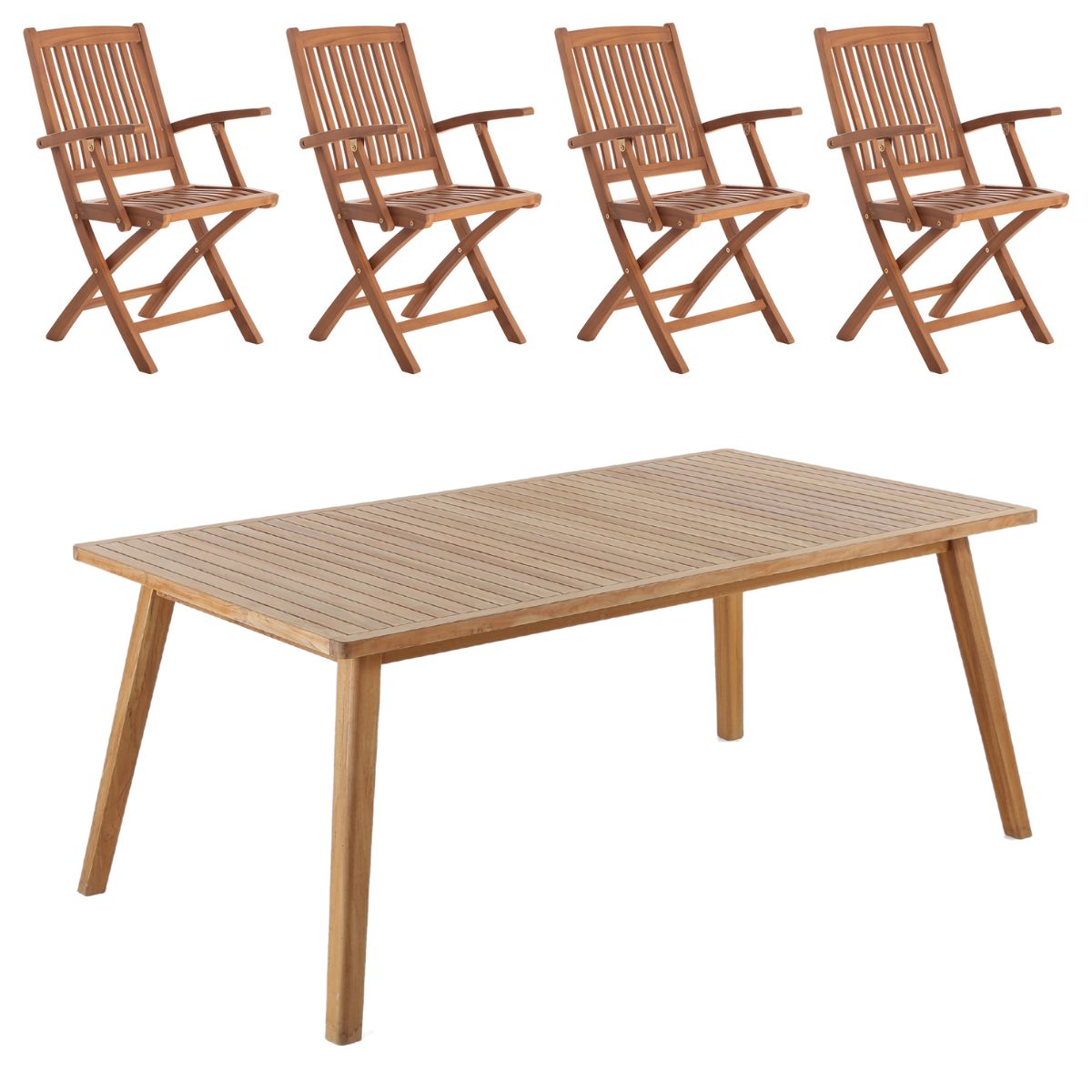 Havemøbelsæt - Bistro bord 180x100 cm. og 4 Bali foldestole med armlæn i kerneteak