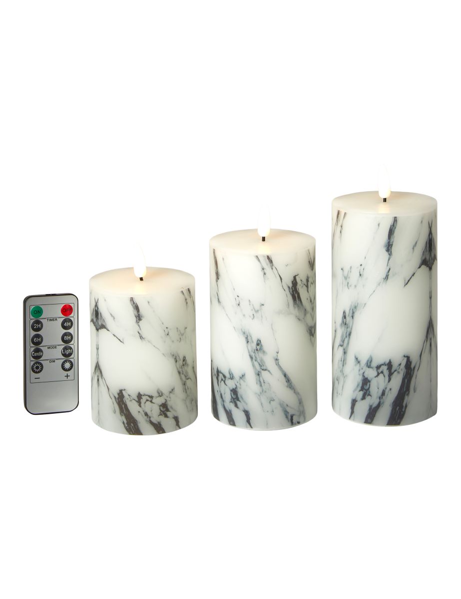 LED bloklys marmor sæt med 3 stk. ø7,5x10/12,5/15 cm. voks med fjernbetjening