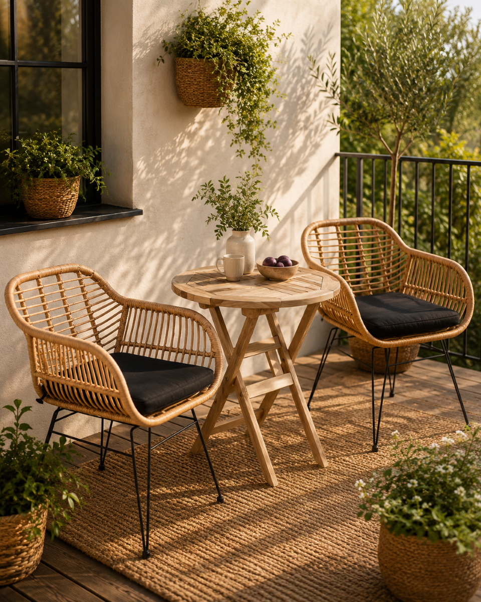 Houston bord Ø66 cm + 2 Trieste stol natur i polyrattan og classic teak - Altan / cafesæt