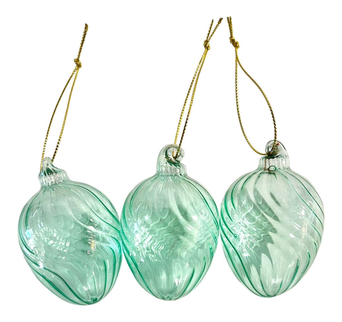 Dekorations Glasæg 7 cm. sæt med 3 stk. strib Grøn med guldsnor 
