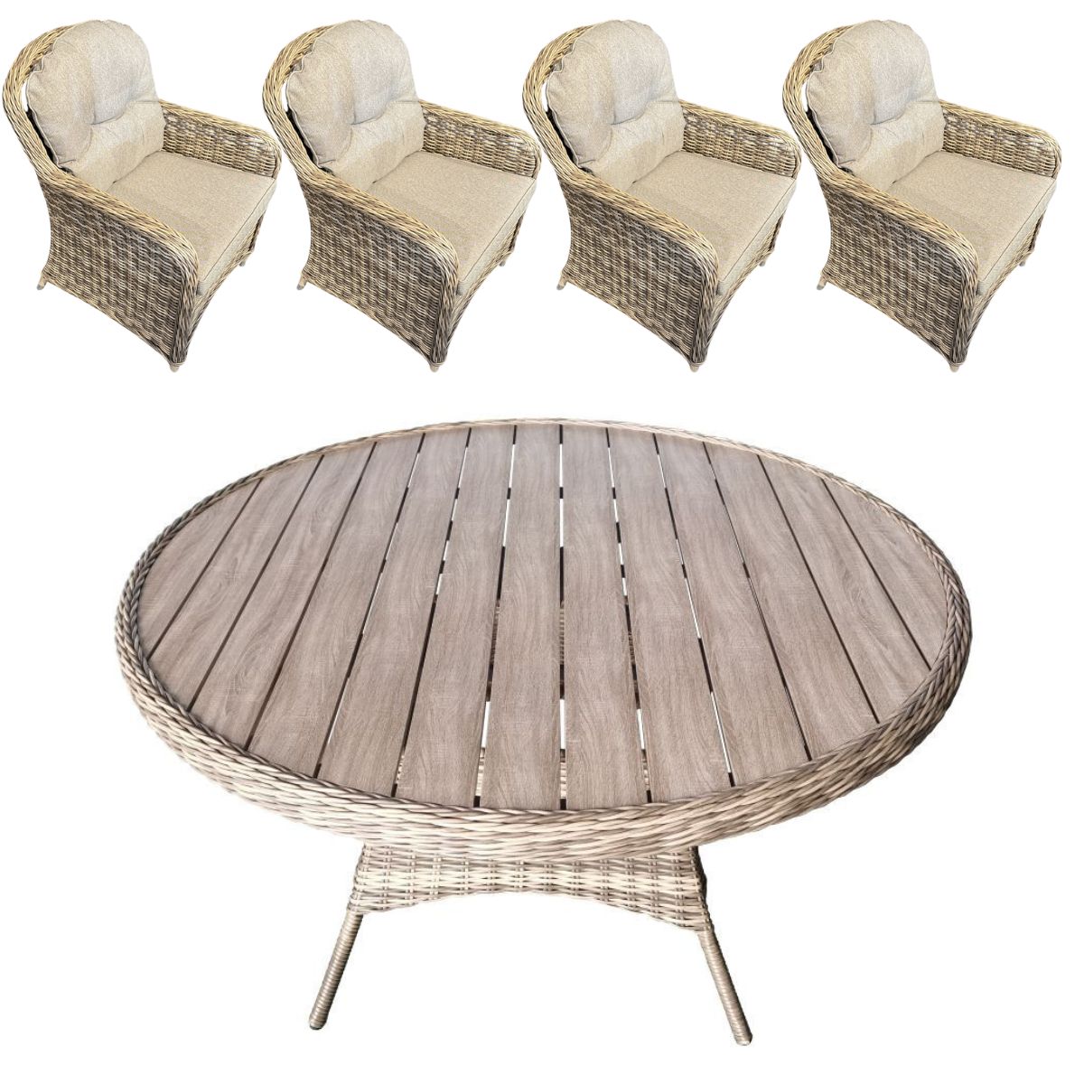 Fanø bord Ø135 cm + 4 Fanø stole firk. ryg i polyrattan og artwood - Havemøbelsæt