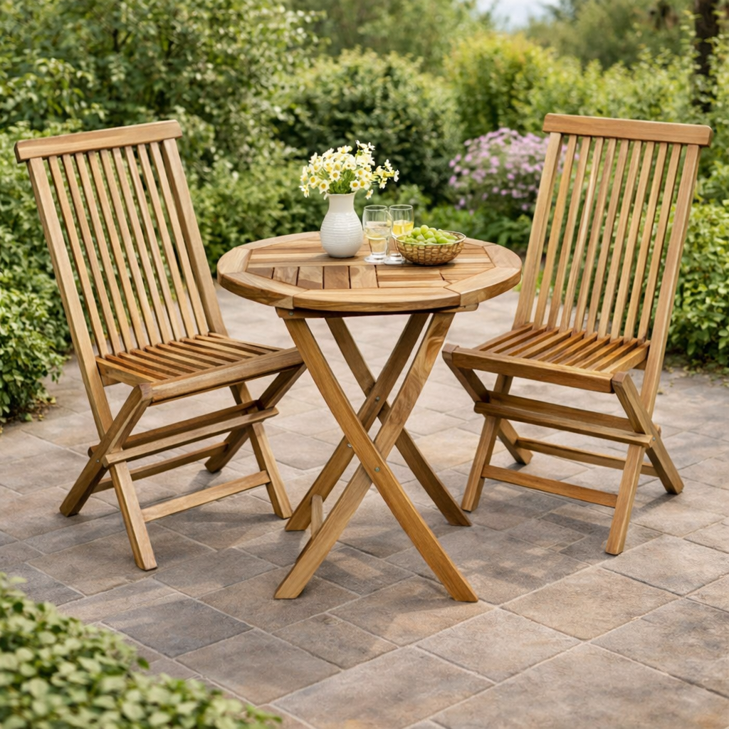 Houston bord Ø 66 cm. og 2 foldestole teak - Altan/cafesæt