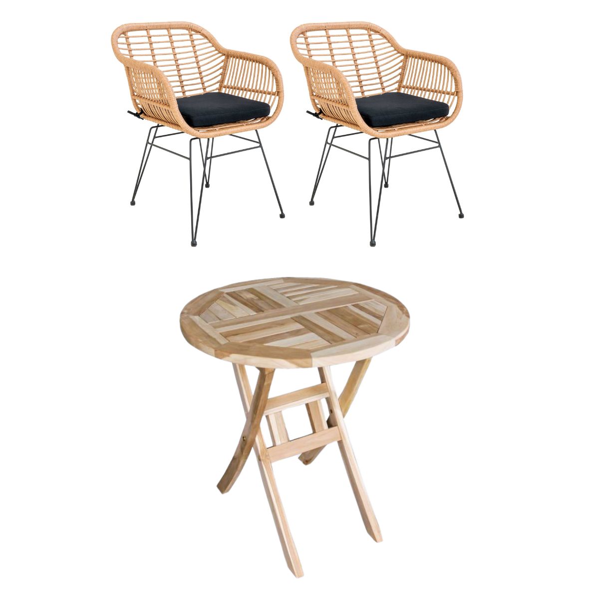 Houston bord Ø66 cm + 2 Trieste stol natur i polyrattan og classic teak - Altan / cafesæt