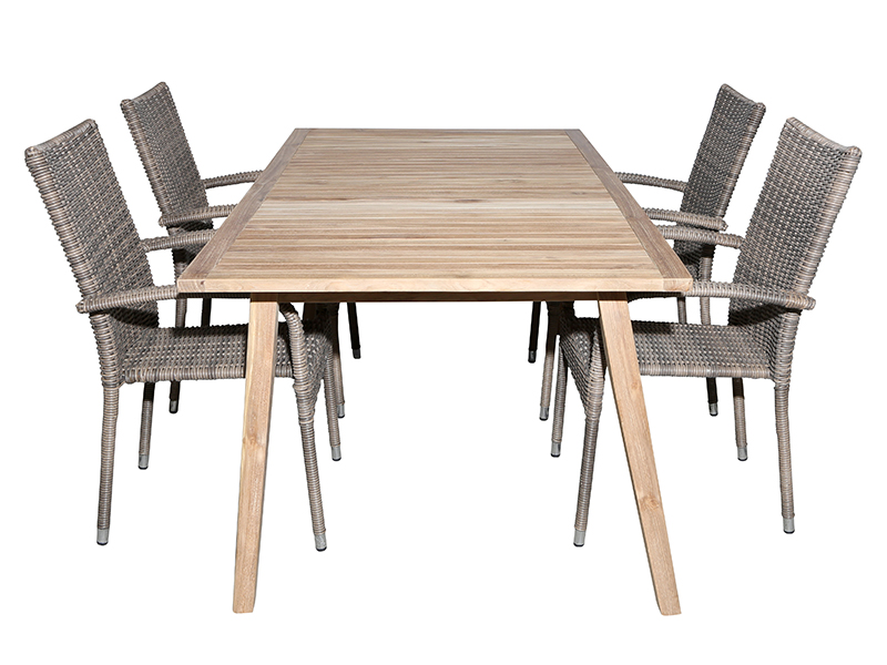 Havemøbelsæt - Bistro bord 180x100 cm. og 4 David stabelstole i kerneteak og polyrattan