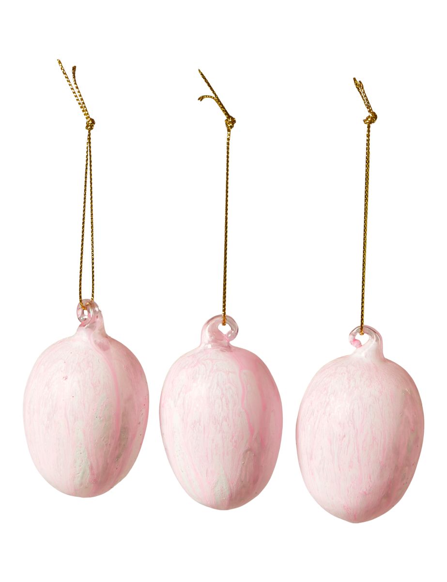 Dekorations Glasæg 7 cm. sæt med 3 stk. Marmor Rosa med guldsnor 