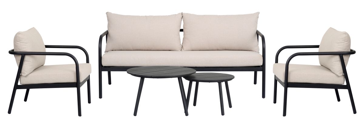 Manfred Sofasæt til haven 2 stole, sofa og borde sofa sort med lyse hynder