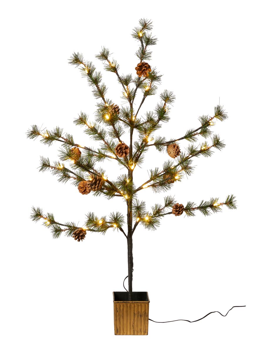 Juletræ med LED lys og kogler i guld potte - 90 cm.