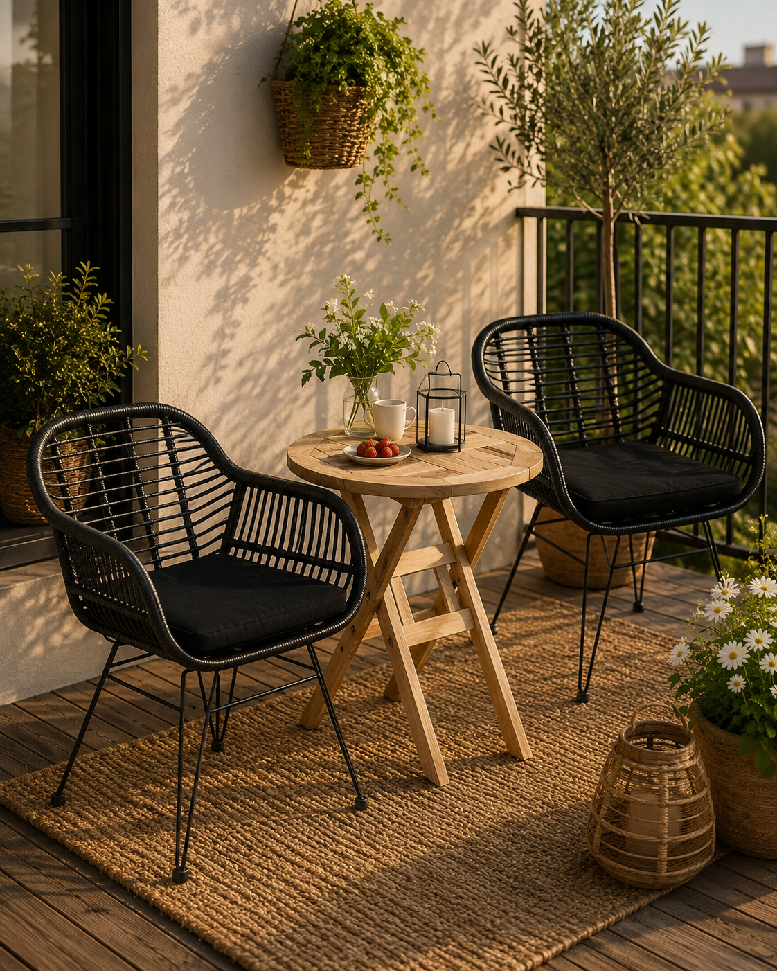 Houston bord Ø66 cm + 2 Trieste stol sort i polyrattan og classic teak - Altan / cafesæt
