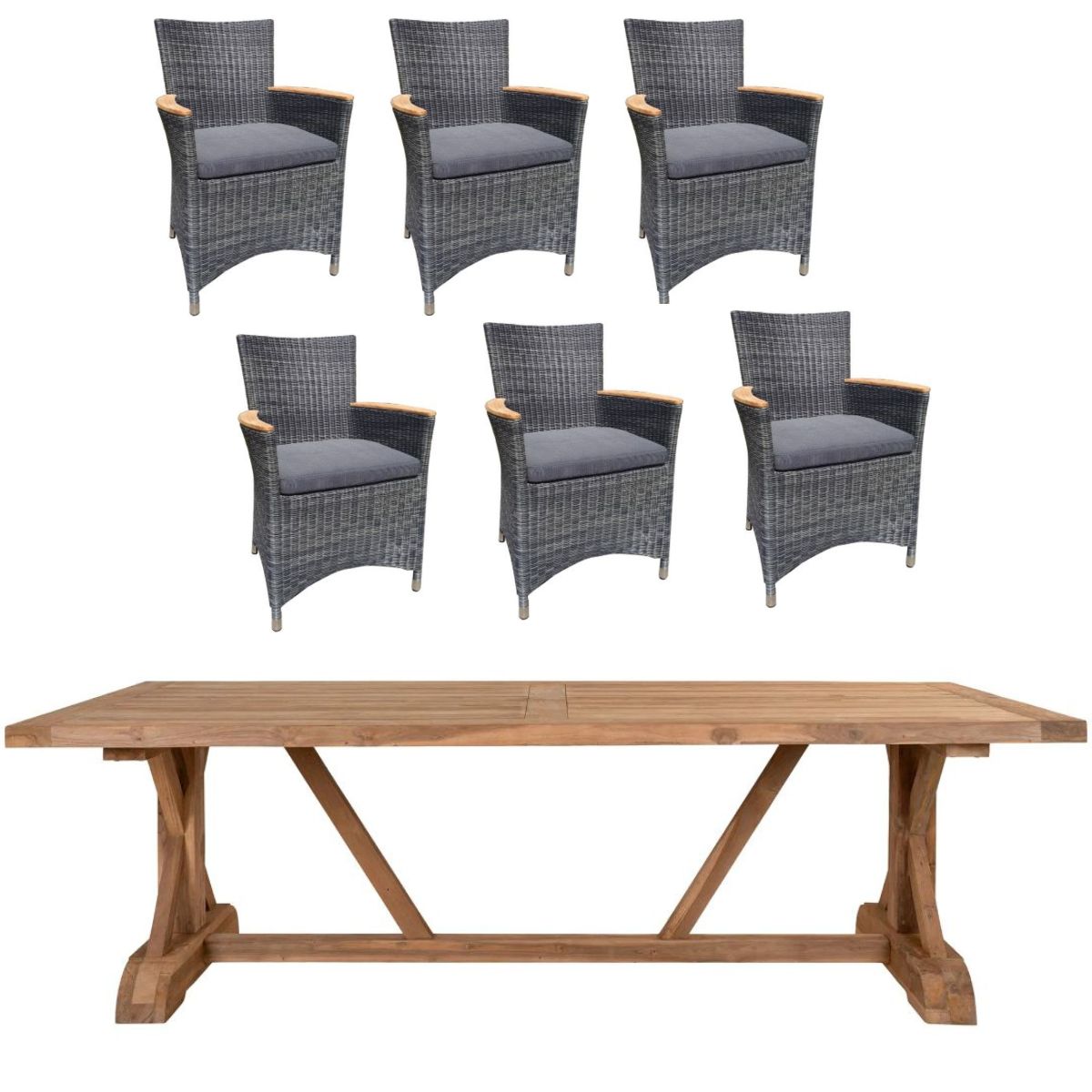 Volos bord 240x100 cm + 6 Boston stole i polyrattan og kerneteak - Havemøbelsæt