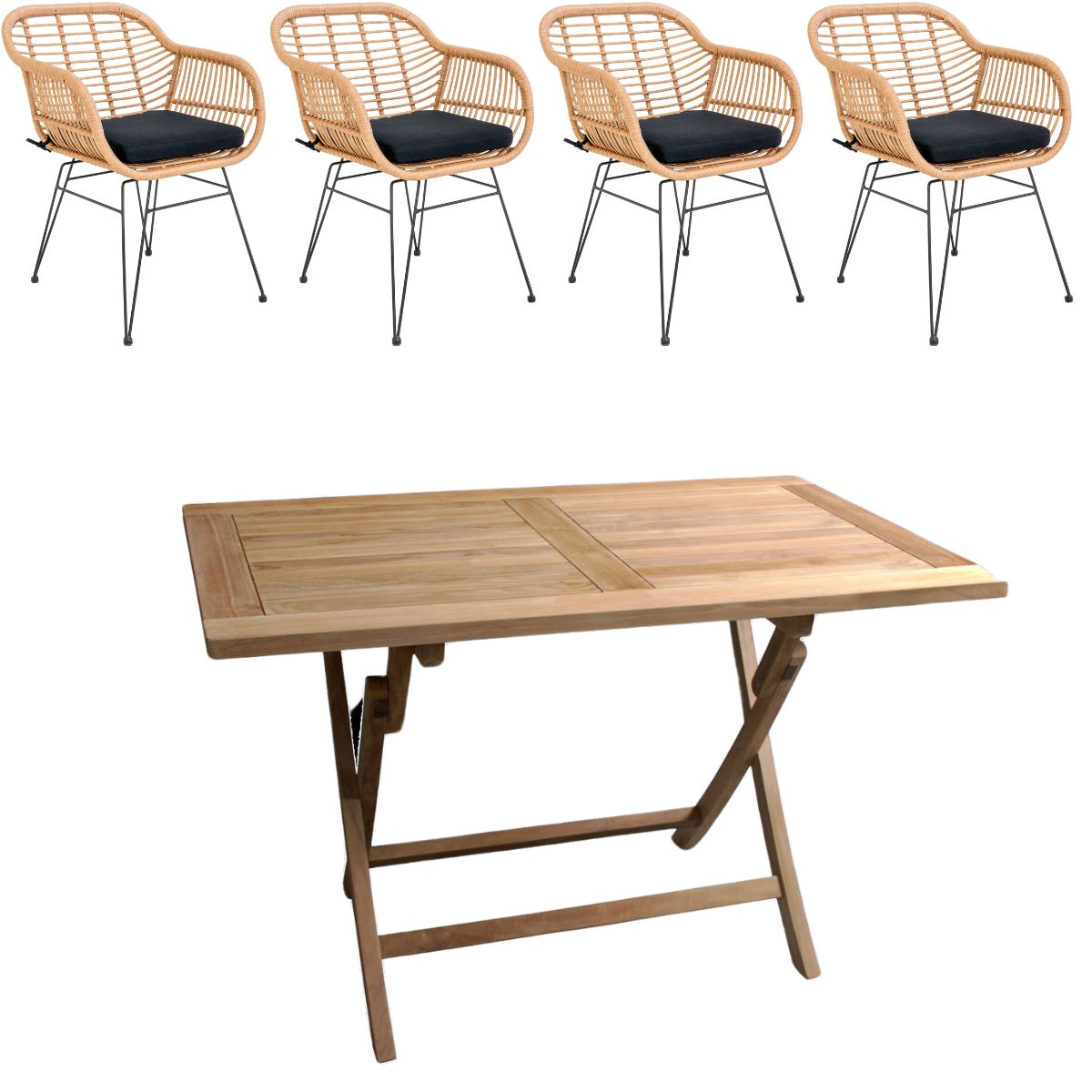 Houston bord 135x80 cm + 4 Trieste stol natur i polyrattan og classic teak - Havemøbelsæt