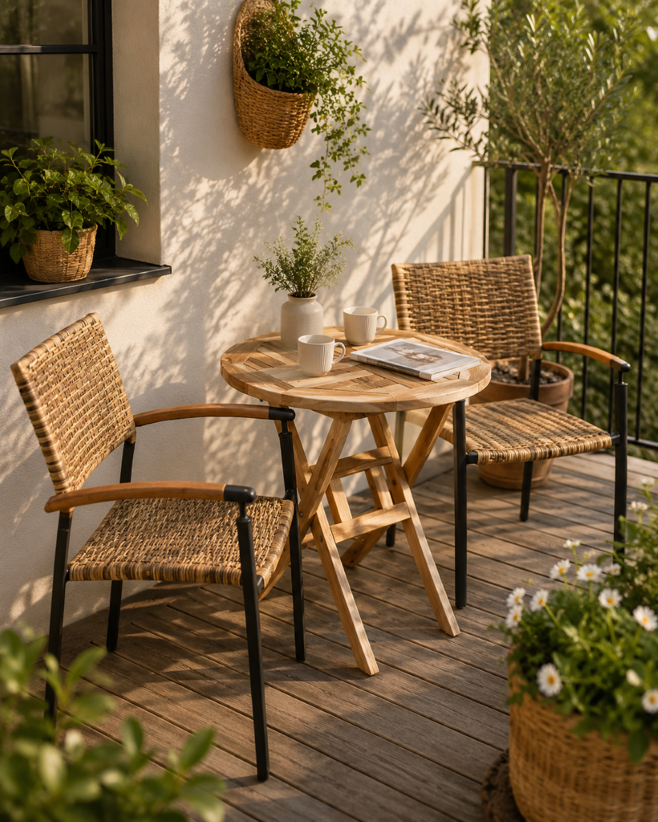 Houston bord Ø66 cm + 2 Era stabelstol i flet og classic teak - Altan / cafesæt