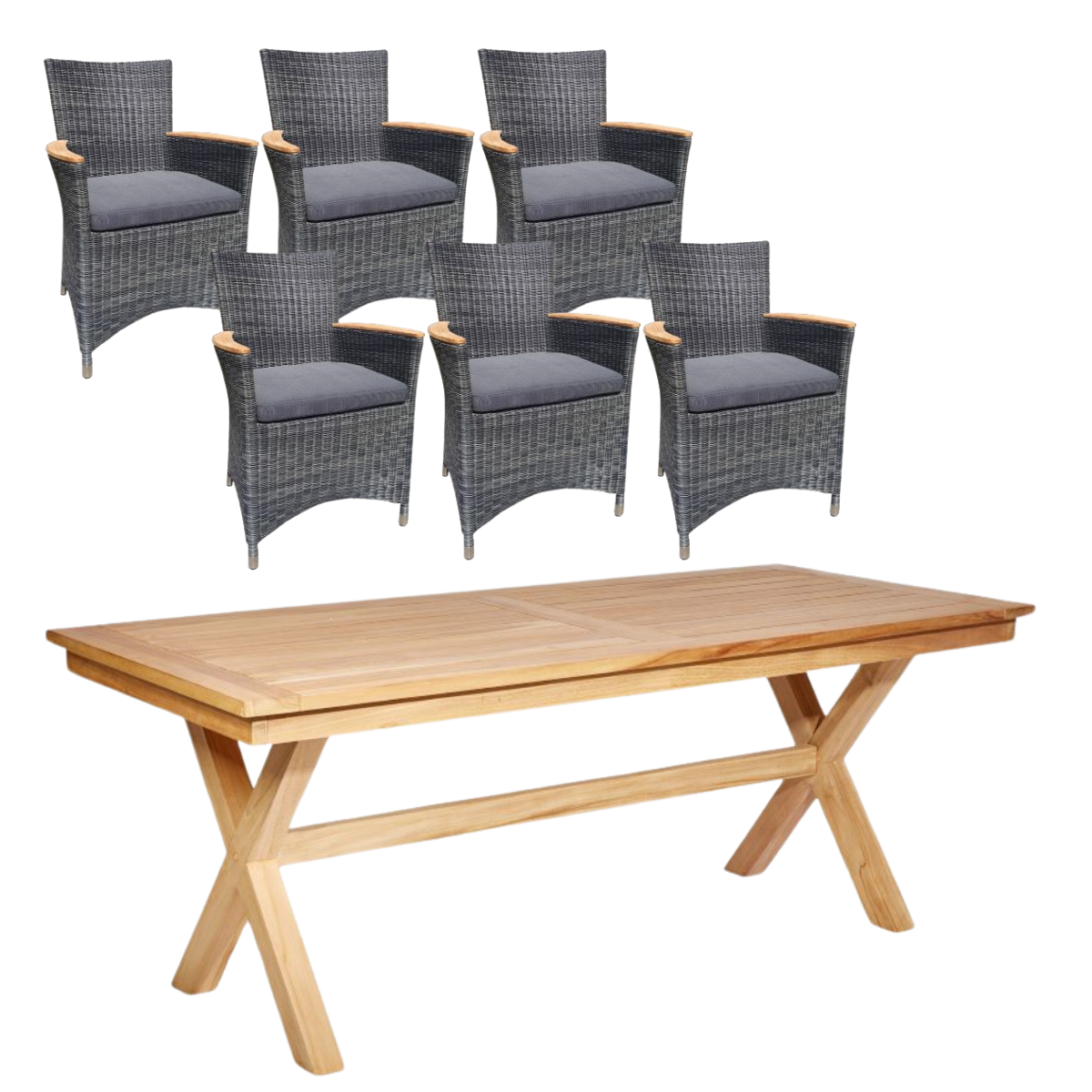 Havemøbelsæt-Boston plankebord med krydsben 200x85cm. og 6 stole inkl. hynder. Kerneteak/luksusflet