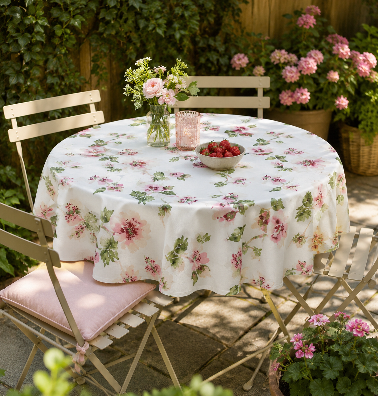 Voksdug Ø140 cm blomst hvid/grøn/rosa