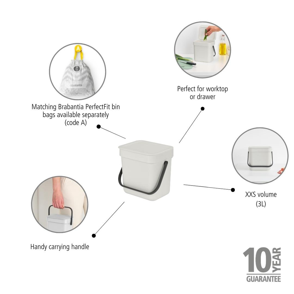 Affaldsspand m/låg sort.kon. 3 liter Lys grå