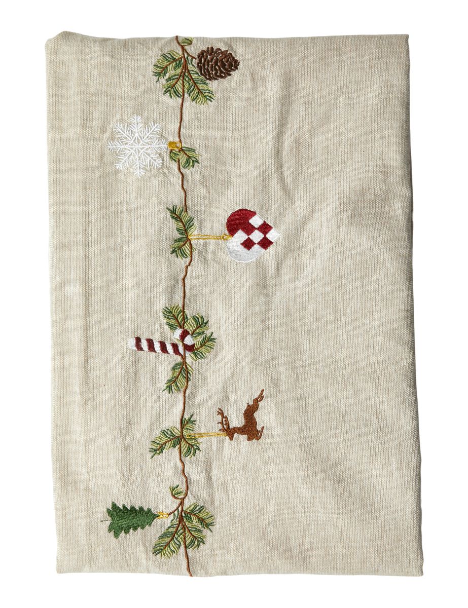 Juledug broderet 140x270 cm. Recyl. Bomuld